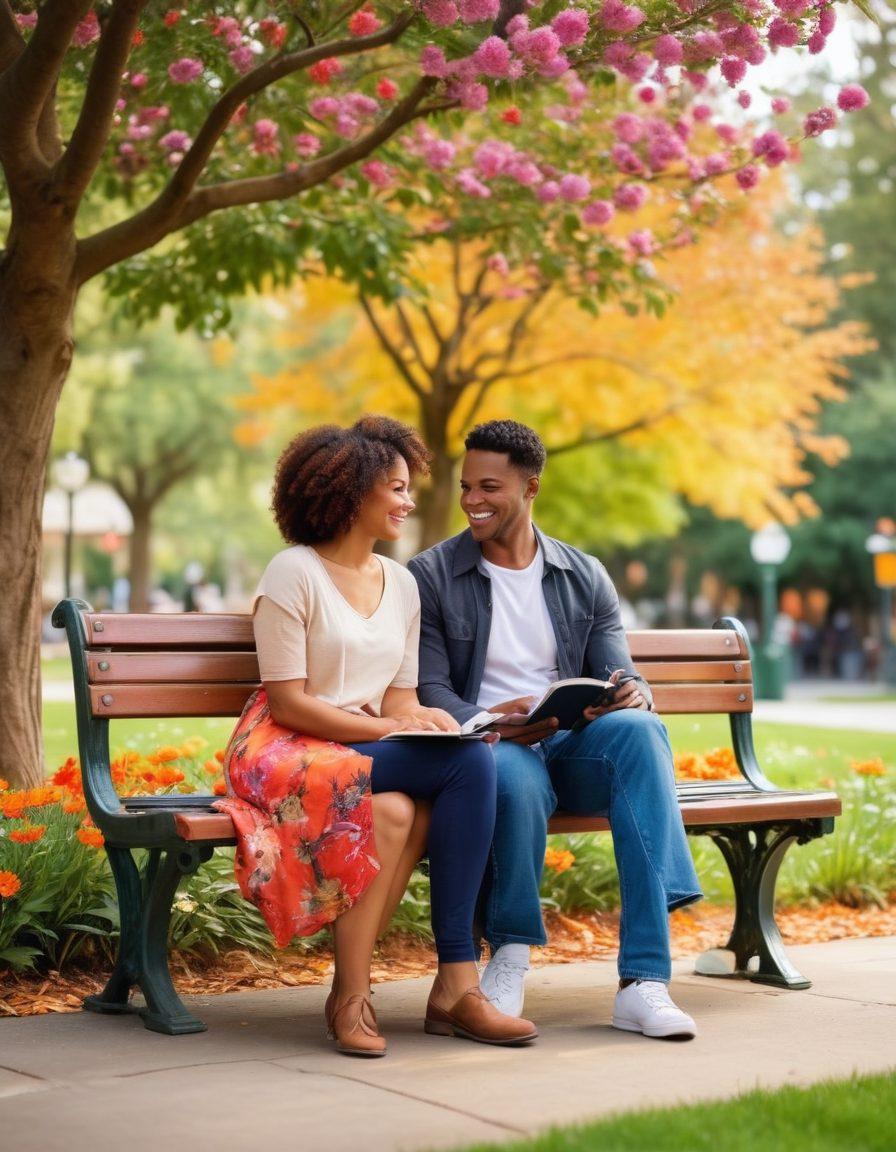 A serene scene depicting a diverse couple sitting together on a park bench, smiling and engaged in deep conversation. In the background, a vibrant tree blooms with colorful flowers symbolizing growth and love. Include elements like a notebook and coffee cups to represent dating strategies and therapy. Soft light filtering through leaves creates a warm atmosphere. super-realistic. vibrant colors. tranquil setting.