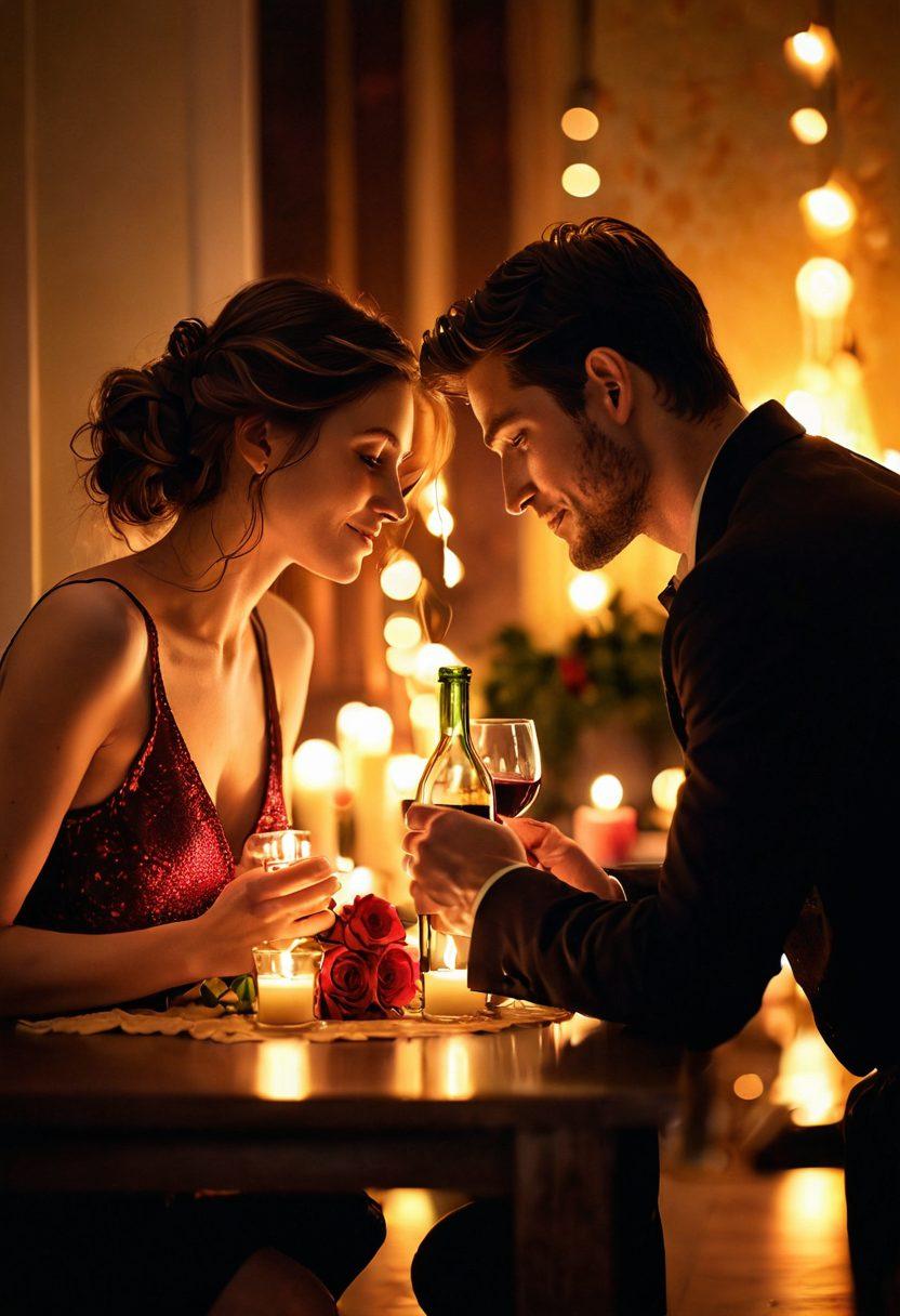 A warm, intimate scene depicting a couple sharing a romantic dinner under soft candlelight, surrounded by flickering flames that symbolize passion and love. The background features subtle, heart-shaped bokeh that enhances the theme of romance. Elements like a bouquet of roses and a bottle of wine add to the nurturing atmosphere. The colors should be rich and inviting, radiating warmth and connection. super-realistic. vibrant colors. soft focus.
