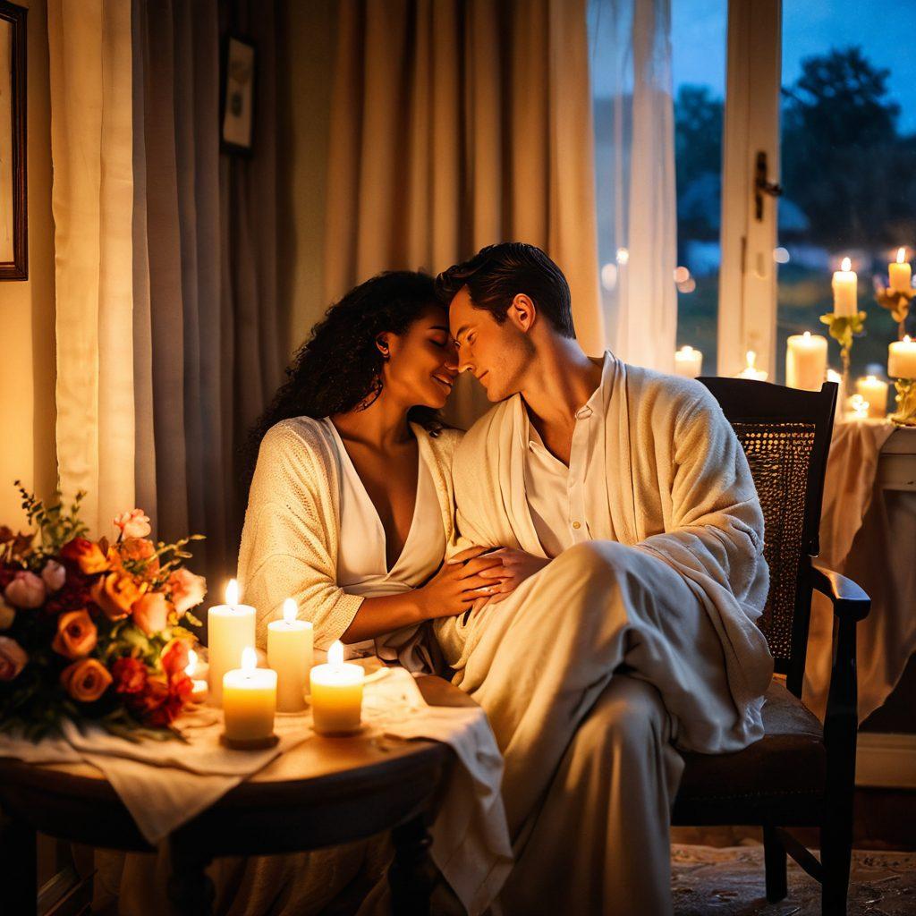 A warm and intimate scene of a couple sharing a heartfelt moment in a cozy setting, surrounded by soft candlelight and vibrant flowers. Their expressions exude love and connection, while a gentle breeze rustles the curtains. Include elements like handwritten love notes and a cozy blanket draped over a chair. super-realistic. warm colors. soft focus.